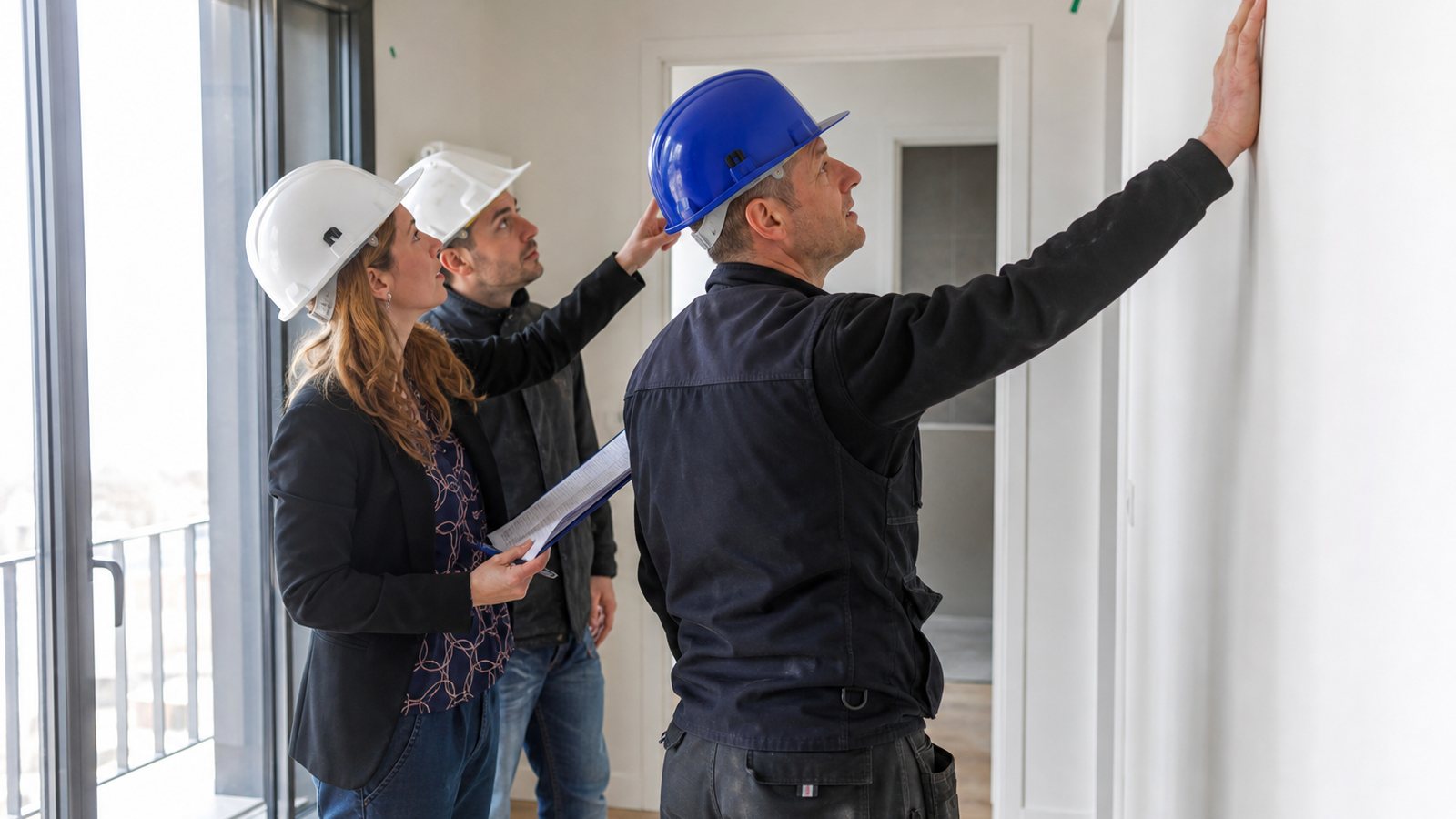 Maîtrise d'oeuvre et artisans parcourant un logement neuf lors d'une visite préalable à la réception