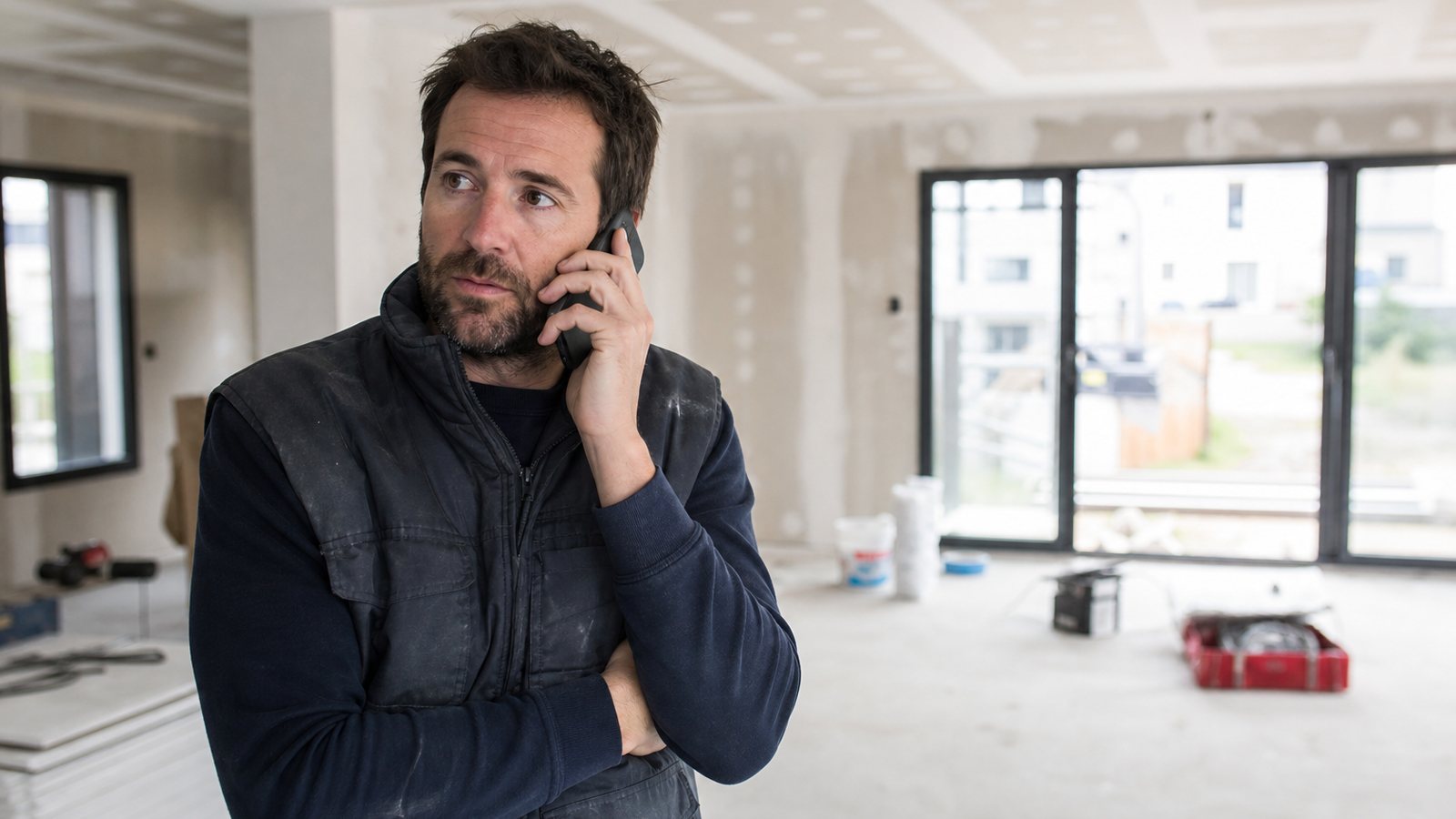 Conducteur de travaux au téléphone devant un logement en fin de chantier, liste des réserves ouvertes à la main